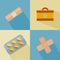 Set of medical icons from adhesive plaster, medical bag pills. Simple flat icons with long shadow. Vector