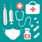 Set of medical icons instruments and medicines - first aid kit, syringe, stethoscope, thermometer, medical mask, medicine bottle,