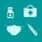 Set of medical icons instruments and medicines - first aid kit, thermometer, medical mask, medicine bottle. Vector EPS10