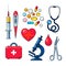 Set of medical icons isolated, color sketch