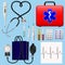 Set of medical instruments, instruments and preparations of a cardiologist. Medicine cardiology. Realistic detailed objects. Vecto