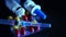 Set of medical objects on dark background - syringe, glass vials and pack colorful polls copyspace