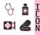 Set Medicine pill or tablet, Stethoscope, Hospital signboard and Bottle of medicine syrup icon. Vector