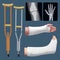 Set of medicine traumatology objects. Treatment of bone fracture. Plaster splint, crutch, x-ray. objects. Vector