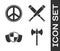 Set Medieval axe, Peace, Shield and Crossed baseball bat icon. Vector