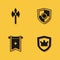 Set Medieval axe, Shield with crown, flag and icon with long shadow. Vector