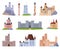 Set of medieval castles, fortresses and towers. Fortified housing of the ruler. Fabulous buildings. Vector illustration on a white