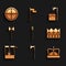 Set Medieval chained mace ball, axe, King crown, Well with bucket, Executioner tree block and Round wooden shield icon