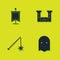 Set Medieval flag, Executioner mask, chained mace ball and Castle icon. Vector