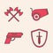 Set Medieval shield with sword, Crossed medieval axes, Cannon and Pistol or gun icon. Vector