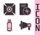 Set Megaphone, Movie spotlight, USB flash drive and CD or DVD disk icon. Vector