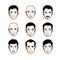 Set of men faces, human heads. Different vector characters like brunet, bald, with whiskers or bearded.