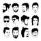 Set of men hairstyle with beards and mustache. Collection of stylish 80s, 90s types. Hand drawn isolated hipster guys