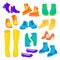 Set of Men's and women's shoes of different types Shoes, boots, sneakers, sneakers, ballet shoes Vector flat