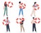 Set of men and women with life preservers in their hands. Help and safety symbol. Lifebuoy in people hand. Support in