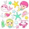 Set of mermaid icons in kawaii style