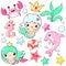 Set of mermaid icons in kawaii style