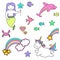 Set of mermaid icons and unicorn with rainbow, vector illustration of stickers magic creatures