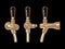 Set of metal beer taps, front, side and three quarter view. Hand drawn vector illustration isolated on black background