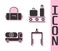 Set Metal detector in airport, Suitcase, Fuel tanker truck and Airport conveyor belt with suitcase icon. Vector
