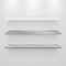 Set of metal, glass and plastic 3d vector shelves on gray wall