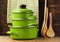 Set of metal green pots cookware