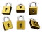 Set metal padlocks protection symbol. Golden lock 3D illustration isolated on white