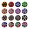 A set of metallic buttons with flower designs.