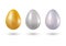 Set of metallic eggs gold, silver and platinum in 3d vector. Objects for creative design. Three shapes in golden, silver