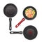 Set of metallic pans with food sketch icons.