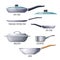 Set of metallic pans and kitchen utensils sketchy icons