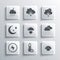 Set Meteorology thermometer, Sunrise, Cloud with rain, Sunset, Lightning bolt, Moon and stars, moon and snow sun icon