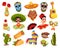 Set of Mexican culture symbols. Mexican man, woman, guitar, sugar skull, maraka, pinata, cactus, taco, burrito cartoon