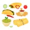 Set of mexican dishes, food taco, burrito, guacamole, tamale, nachos decorated with lime, tomato, chilli
