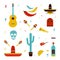 Set on a mexico theme. Different mexican bright icons collection: maracas, cactus, hat, guitar, mask, pepper, tequila