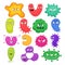 Set of microbes bacteria viruses various shapes and colors. Cartoon bacterial microorganisms with big eyes, teeth and emotions