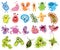 Set of microbes. Collection of cartoon viruses. Vector illustration of microorganisms for children. Color drawing of a