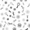 Set Microorganisms under magnifier, Bacteria, Atom and Test tube and flask chemical on seamless pattern. Vector.
