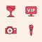 Set Microphone, Cocktail, Location Vip and Photo camera icon. Vector