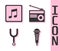 Set Microphone, Music note, tone, Musical tuning fork and Radio with antenna icon. Vector