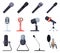 A set of microphones of different types. Audio recording tools. Vector illustration