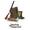 Set of military hunting equipment with rifle