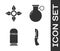 Set Military knife, Japanese ninja shuriken, Cartridges and Hand grenade icon. Vector