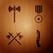Set Military knife, Medieval axe, Crossed medieval axes and Military reward medal on wooden background. Vector