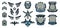 Set of military and military badges. Emblems, automatic weapons, skull, ammunition, eagle, wings, templates. Vector
