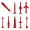 Set of military Missile on white background different forms and red colors it is powerful and terrible weapon.