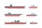 Set of military and passenger ships. Tanker, cargo and fishing ship, speed boat sea transport flat vector illustration