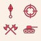 Set Military tank, Japanese ninja shuriken, Target sport and Crossed medieval axes icon. Vector