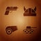 Set Military tank, Pistol or gun, Cannon and Viking in horned helmet on wooden background. Vector