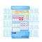 Set of milk product on supermarket fridge. Food store interior Cheese, egg, butter and yogurt. Cartoon vector